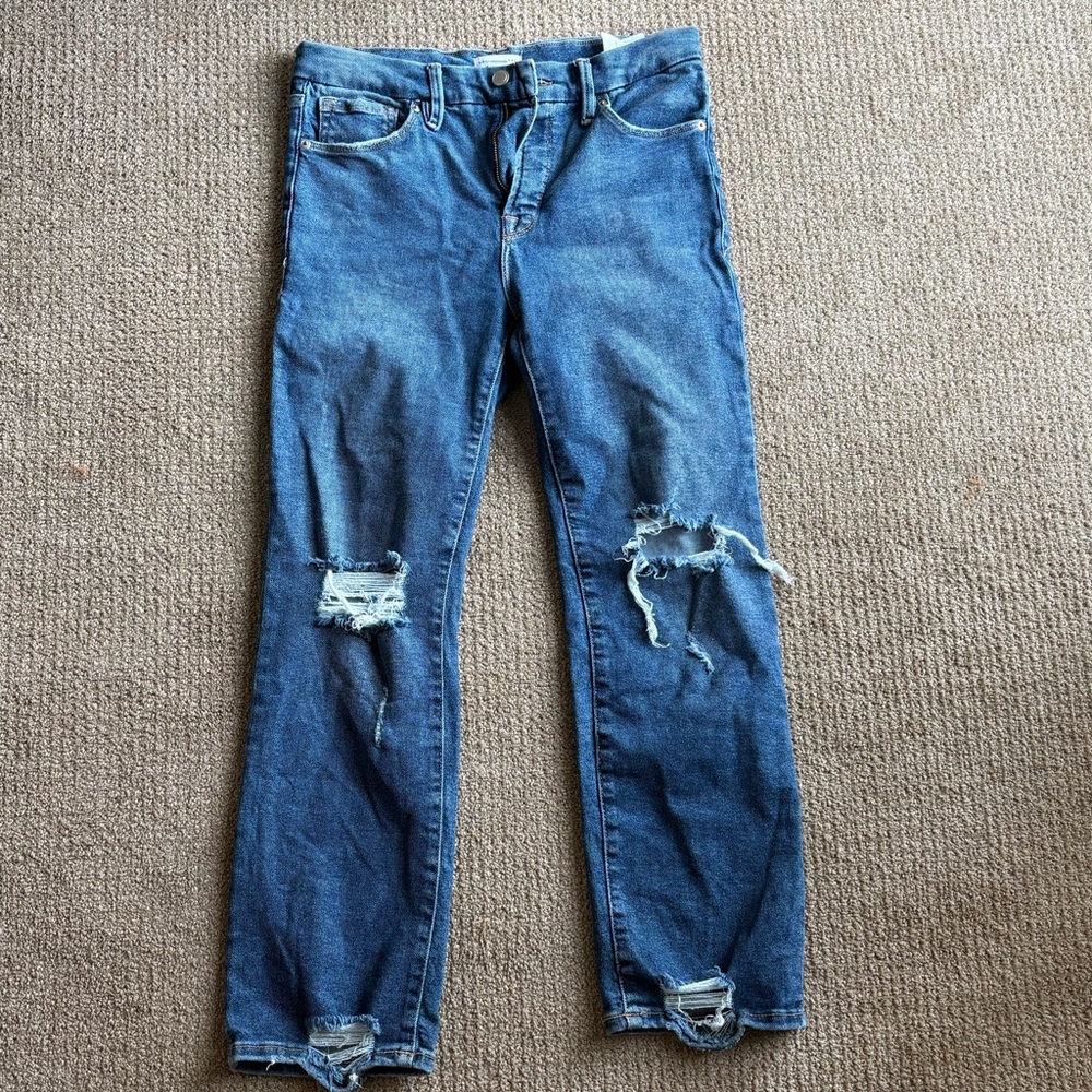 Good American Straight Leg GOOD LEGS Distressed Blue Denim Jeans
